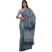 JALTHER Handicrafts Womens Ikat Hand Block Print Jaipuri Cotton Mulmul Saree with Blouse Piece -Blue_23