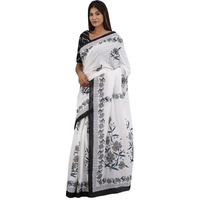 JALTHER Handicrafts Womens Ikat Hand Block Print Jaipuri Cotton Mulmul Saree with Blouse Piece -White_22