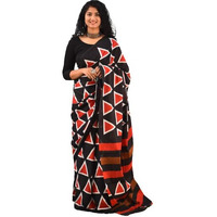 JALTHER Handicrafts Womens Ikat Hand Block Print Jaipuri Cotton Mulmul Saree with Blouse Piece - Black_291