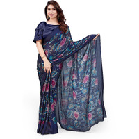 MIRCHI FASHION Womens Plain Weave Chiffon Floral Printed Saree with Blouse Piece (37477-Navy Blue, Pink)