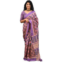 JALTHER Handicrafts Womens Ikat Hand Block Print Jaipuri Cotton Mulmul Saree with Blouse Piece - Purple_437