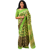 JALTHER Handicrafts Womens Ikat Hand Block Print Jaipuri Cotton Mulmul Saree with Blouse Piece - Green_432