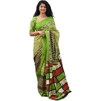 JALTHER Handicrafts Womens Ikat Hand Block Print Jaipuri Cotton Mulmul Saree with Blouse Piece - Green_434