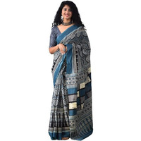JALTHER Handicrafts Womens Ikat Hand Block Print Jaipuri Cotton Mulmul Saree with Blouse Piece - Multi_443
