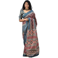 JALTHER Handicrafts Womens Ikat Hand Block Print Jaipuri Cotton Mulmul Saree with Blouse Piece - Multi_440