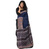 JALTHER Handicrafts Womens Ikat Hand Block Print Jaipuri Cotton Mulmul Saree with Blouse Piece - Blue_322