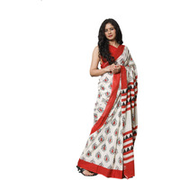 JALTHER Handicrafts Womens Ikat Hand Block Print Jaipuri Cotton Mulmul Saree with Blouse Piece - Red