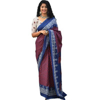 JALTHER Handicrafts Womens Ikat Hand Block Print Jaipuri Cotton Mulmul Saree with Blouse Piece - Blue_310