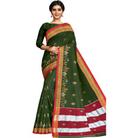 Neyge Womens Handloom Ilkal Pure Cotton Resham Silk Kasuti Saree with Stripe Pallu Running Blouse (Mehandi)
