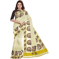 mylooms Womens Kuthampully Kerala Kasavu Saree with Running Blouse Tissue Cotton Mural Painted (Brown Alila)