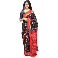 JALTHER Handicrafts Womens Ikat Hand Block Print Jaipuri Cotton Mulmul Saree with Blouse Piece - Black_384