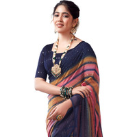 SIRIL Womens Georgette Printed Zari Stripe Saree With Unstitched Blouse Piece (3498S723_Navy Blue)