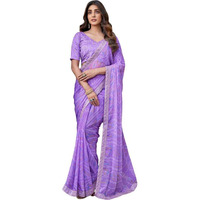 SIRIL Womens Chiffon Bandhani Printed Sequence Embroidery Lace Saree With Unstiched Blouse Piece (3667S2546_Lavender)