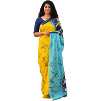 JALTHER Handicrafts Womens Ikat Hand Block Print Jaipuri Cotton Mulmul Saree with Blouse Piece - Yellow_244