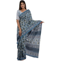 JALTHER Handicrafts Womens Ikat Hand Block Print Jaipuri Cotton Mulmul Saree with Blouse Piece - Blue_10