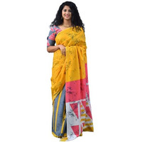 JALTHER Handicrafts Womens Ikat Hand Block Print Jaipuri Cotton Mulmul Saree with Blouse Piece - Yellow_248