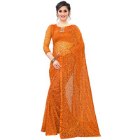 LOROFY Womens Net Saree (With Blouse_Free Size) (Orange)