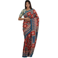 JALTHER Handicrafts Womens Ikat Hand Block Print Jaipuri Cotton Mulmul Saree with Blouse Piece -Maroon_15