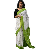 JALTHER Handicrafts Womens Ikat Hand Block Print Jaipuri Cotton Mulmul Saree with Blouse Piece - White_229