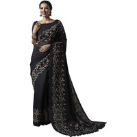 AKHILAM Womens Cotton Slub Botanical Printed Saree With Unstitched Blouse Piece(Navy Blue_GRNS21A_HS)
