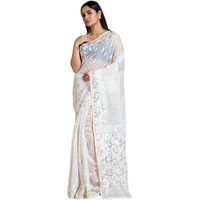 Laxmi Handloom Womens Traditional Bengal Cotton Silk Soft Jamdani Saree without Blouse Piece (White Self)