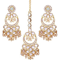 Peora Gold Plated Kundan Chandbali Dangle Earrings and Maang Tikka Set Traditional Jewellery for Girls & Women (White)
