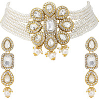 Peora Crystal White Pearl Beaded Choker Necklace With Earring Jewellery Set For Women