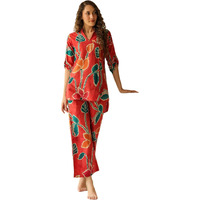 Leriya Fashion Women Ethnic Kurta Set | Rayon Co-Ord Set | Fancy Pajama Set | Pack Of 2 | Floral Printed Top & Pant Set | Full Pair Set | A-line Kurta Set For Women | (Small, Red)