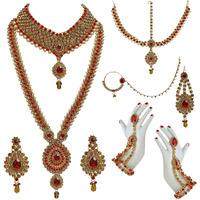 Lucky Jewellery Bridal Dulhan Designer 18k Gold Plated Gold Red Color Pearl Stone Set 9 pcs. for Women & Girls (3630-IZS-1611-LCT-RED)