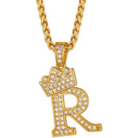 Richsteel Crown Pendant for Men Initial R Hip Hop Ice Out Letter Necklace Monogram Jewelry King Kingdom Alphabet Charm with Chain 22