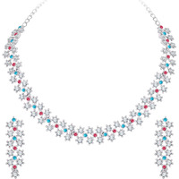 Atasi International Women Silver Plated Pink & Blue Crystals Diamond Necklace Jewellery Set With Earrings Ideal For Party, Wedding And Festival (Rpb5552)