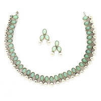ZENEME Antique Oxidised Silver Plated Traditional Temple Coin Red American Diamond Studded Necklace With Earrings Jewellery For Women & Girls (Sea Green)