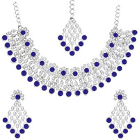 Atasi International Silver Plated Royal Blue Crystals Ad Diamond Necklace Set With Earrings And Maang Tikka, Suitable For Bridal, Wedding, Party (Rb5379, Womens)