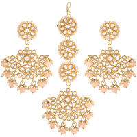 I Jewels Gold Plated With Stunning Matte Finish Traditional Kundan & Faux Pearl Chandbali Earrings With Maang Tikka Set (Te2911Pe, Womens)