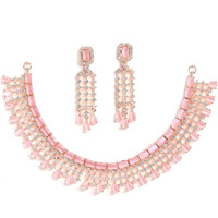 ZENEME Jewellery American Diamond Floral Design Choker Necklace Set With Earring For Women and Girls (Pink RoseGold)