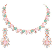 Atasi International Gold Plated Pink & Green Crystal AD Diamond Womens Necklace Set | Jewellery Set With Earrings | MPG5764