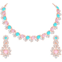 Atasi International Gold Plated Pink and Blue Crystal AD Diamond Womens Necklace Set | Jewellery Set With Earrings | MPB5764