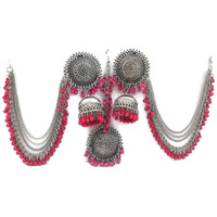 Shining Diva Fashion Latest Oxidised Silver Antique Design Stylish Traditional Maang Tikka Jhumka Earrings Jewellery Set for Girls (Pink) (12004s)