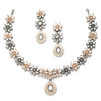 ZENEME Rose Gold-Plated Floral Design Rose Black and White American Diamond Studded Jewellery Set (Rose Black White)