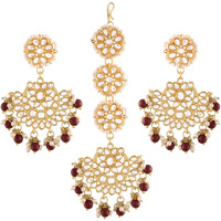 I Jewels Gold Plated With Stunning Matte Finish Traditional Kundan & Faux Pearl Chandbali Earrings With Maang Tikka Set (Te2911, Maroon, Womens)