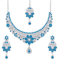 Atasi International Silver Plated Crystals Necklace/Jwelery Set with Earrings and Maang Tikka for Women - Ideal for Party, Wedding, Any Occasion (Blue)