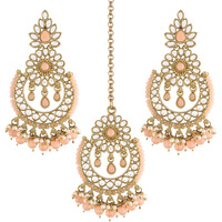 I Jewels 18K Gold Plated Traditional Handcrafted Earrings With Maang Tikka Encased with Faux Kundan & Pearl for Women/Girls (TE4001Pe)