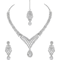Atasi International Silver Plated Alloy Choker Necklace with Earrings and Maangtikka for Women - Jewellery Set Collection for Weddings, Parties, and Festival