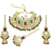 I Jewels Gold Plated Traditional Kundan and Pearl Studded Bridal Choker Necklace With Earrings And Maang Tikka Jewellery Set For Wedding (IJ401MG) For Women