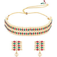 I Jewels 18k Gold Plated Traditional Peach Pearl & Kundan Studded Choker Necklace Jewellery Set For Women/Girls (K7209QG)