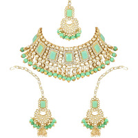 I Jewels 18K Gold Plated Traditional Handcrafted Faux Kundan & Pearl Studded Bridal Choker Necklace Jewellery Set with Earrings & Maang Tikka For Women (IJ401) (Mint)