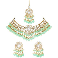 I Jewels 18K Gold Plated Traditional Kundan Studded Mint Pearl Hanging Choker Necklace Jewellery Set With Earrings & Maang Tikka For Women & Girls (K7232Min)