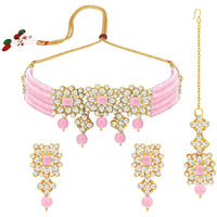 Peora Gold Plated Pearl Beaded Adjustable Choker Necklace with Earring Maang Tikka Jewellery Set (Pink) For Womens