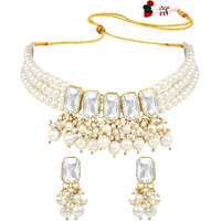 I Jewels 18K Gold Plated Traditional White Stone Studded Multi Layered White Pearl Choker Necklace Jewellery Set with Earrings for Women And Girls (IJ355W)