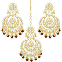 Peora Traditional Jewellery 18K Gold Plated Brass Kundan in Brass Alloy and Pearl Maang Tikka Earring Set for Women (Maroon)